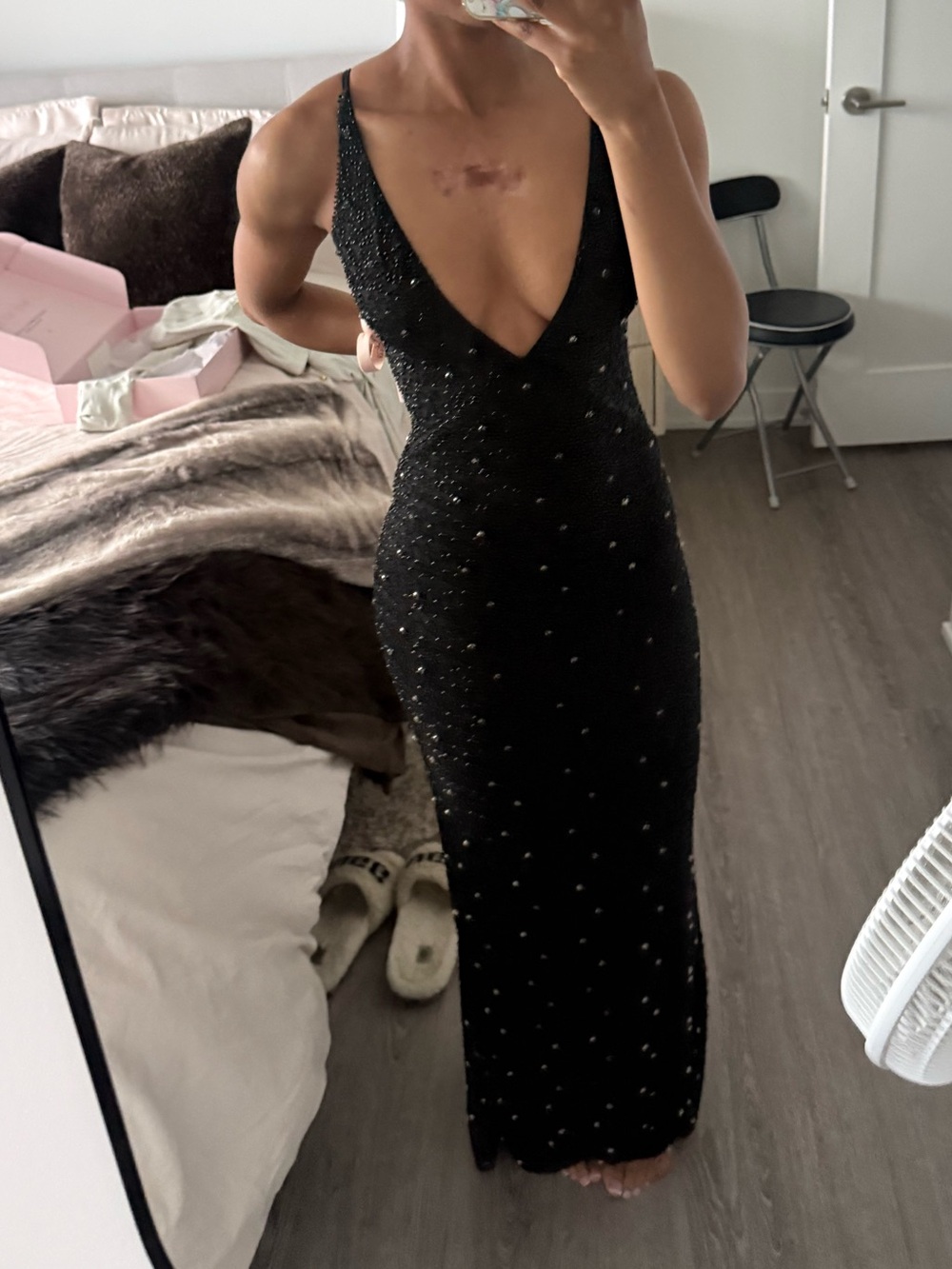 Oh Polly Black Beaded Backless Evening Gown